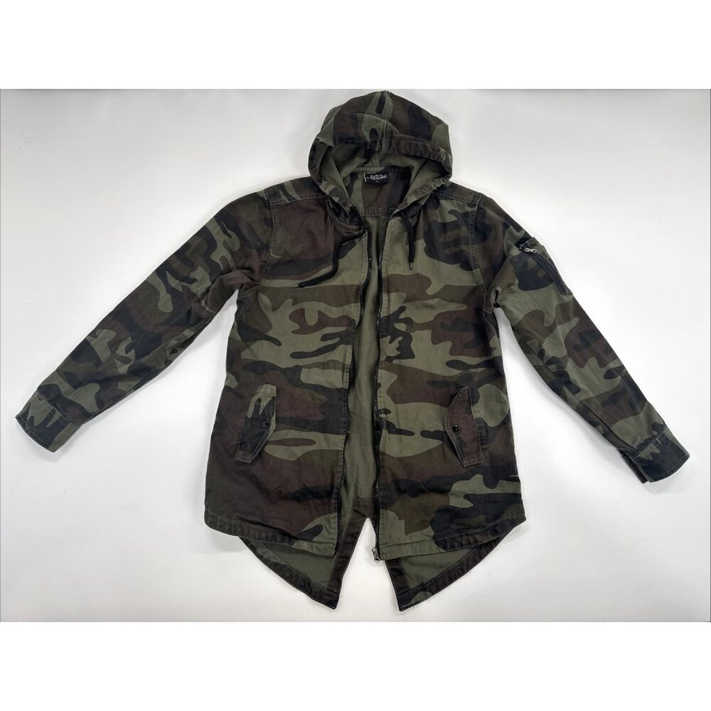 Vintage Y2K Black Lacquer Camo Military Jacket Mens Large Hooded Cotton Army